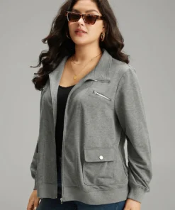 Solid Zipper Pocket Jacket -Clothing Shop 631249916 dq
