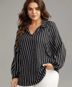Striped Shirt Collar Lantern Sleeve Blouse -Clothing Shop 631299332 wk