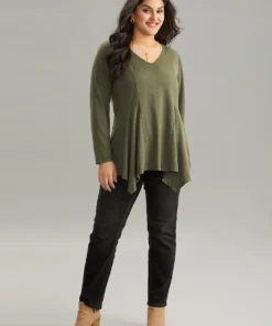 Solid V Neck Hanky Hem T-shirt -Clothing Shop 631523301 gq