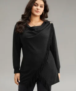 Cowl Neck Tassels Button Detail Wrap Sweatshirt -Clothing Shop 631575378 wb