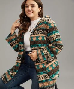 Boho Print Zipper Pocket Hooded Jacket