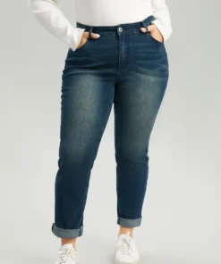 Very Stretchy Straight Leg Roll Hem Jeans