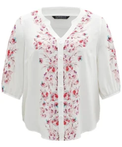 Floral Print Button Detail Notched Lantern Sleeve Blouse -Clothing Shop 633825608 wk