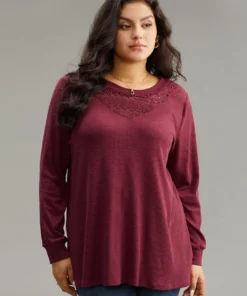 Solid Lace Insert Crew Neck Cut Out T-shirt -Clothing Shop 634164739 dk 306d3a50 a150 45de 91cd f52d48c6a3d7