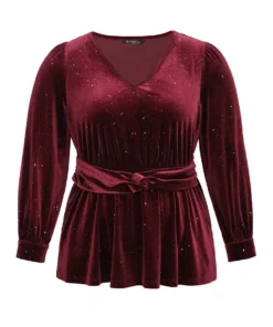 Glitter Sequin Velvet Twist Front V Neck Blouse 24 Glitter Sequin Velvet Twist Front V Neck Blouse -Clothing Shop 634258138 ts