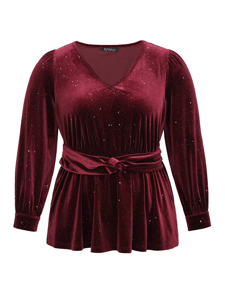 Glitter Sequin Velvet Twist Front V Neck Blouse 11 Glitter Sequin Velvet Twist Front V Neck Blouse - Image 9