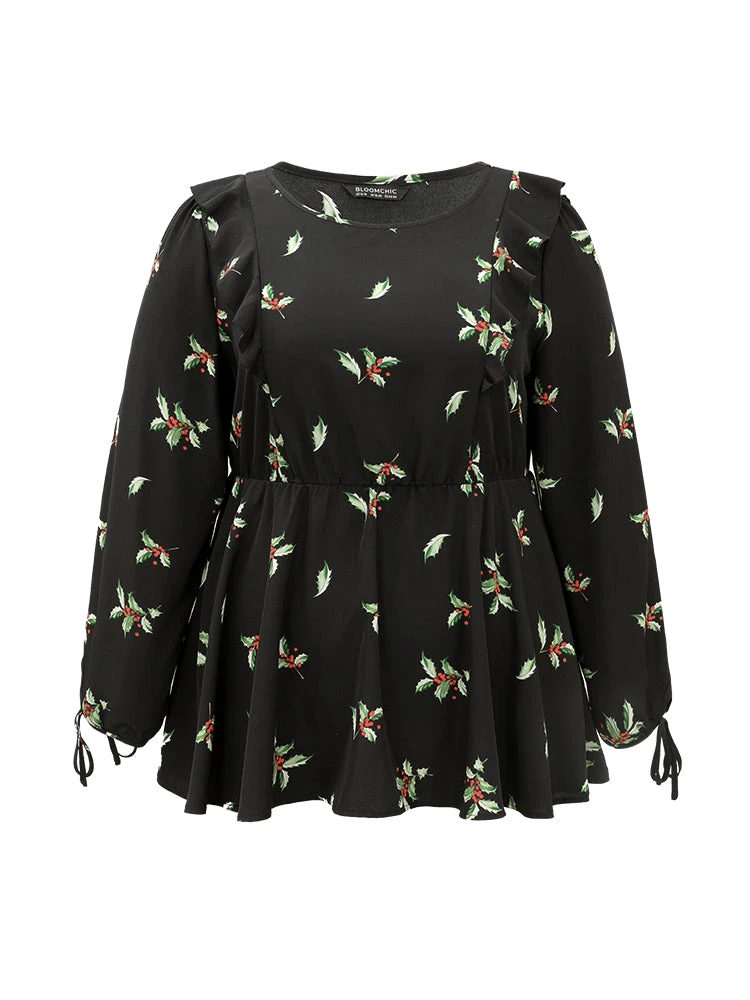 Christmas Ruffles Elastic Waist Ties Lantern Sleeve Blouse 8 Christmas Ruffles Elastic Waist Ties Lantern Sleeve Blouse - Image 6