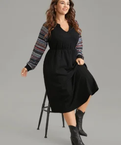 Bandana Patchwork Elastic Waist Notched Dress -Clothing Shop 635046856 pi