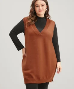 Solid Pointelle Knit V Neck Sleeveless Knit Top -Clothing Shop 636543046 ek