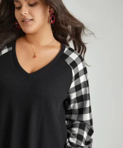 Waffle Knit Plaid Patchwork Raglan Sleeve T-shirt -Clothing Shop 63680058 ly