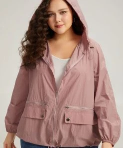 Plain Hooded Pocket Zipper Fly Drawstring Jacket -Clothing Shop 638053945 je