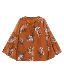 Floral Print Knot Neck Frill Trim Mesh Bell Sleeve Blouse -Clothing Shop 638106250 ie