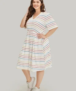 Rainbow Striped V Neck Pocket Contrast Midi Dress -Clothing Shop 638193664 yc