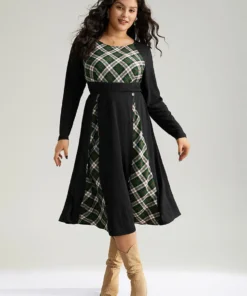 Christmas Plaid Patchwork Button Detail Dress