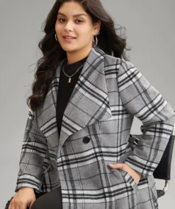Plaid Button Up Pocket Belted Lapel Collar Coat -Clothing Shop 63912992 dn