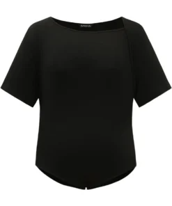 Rib Knit Asymmetrical Neck Short Sleeve Bodysuit -Clothing Shop 639352539 la