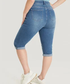 Slightly Stretchy High Rise Dark Wash Roll Hem Knee Denim Shorts -Clothing Shop 639816159 bt