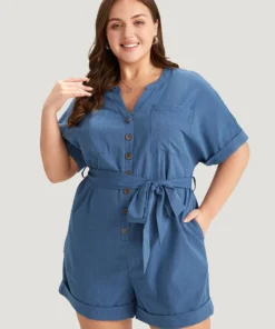 Anti-Wrinkle Solid Patched Pocket Notched Button Up Belt Romper -Clothing Shop 639958059 ht
