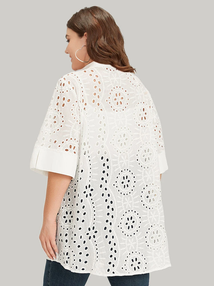 Plain Shirt Collar Broderie Anglaise Open Front Kimono 4 Plain Shirt Collar Broderie Anglaise Open Front Kimono - Image 2