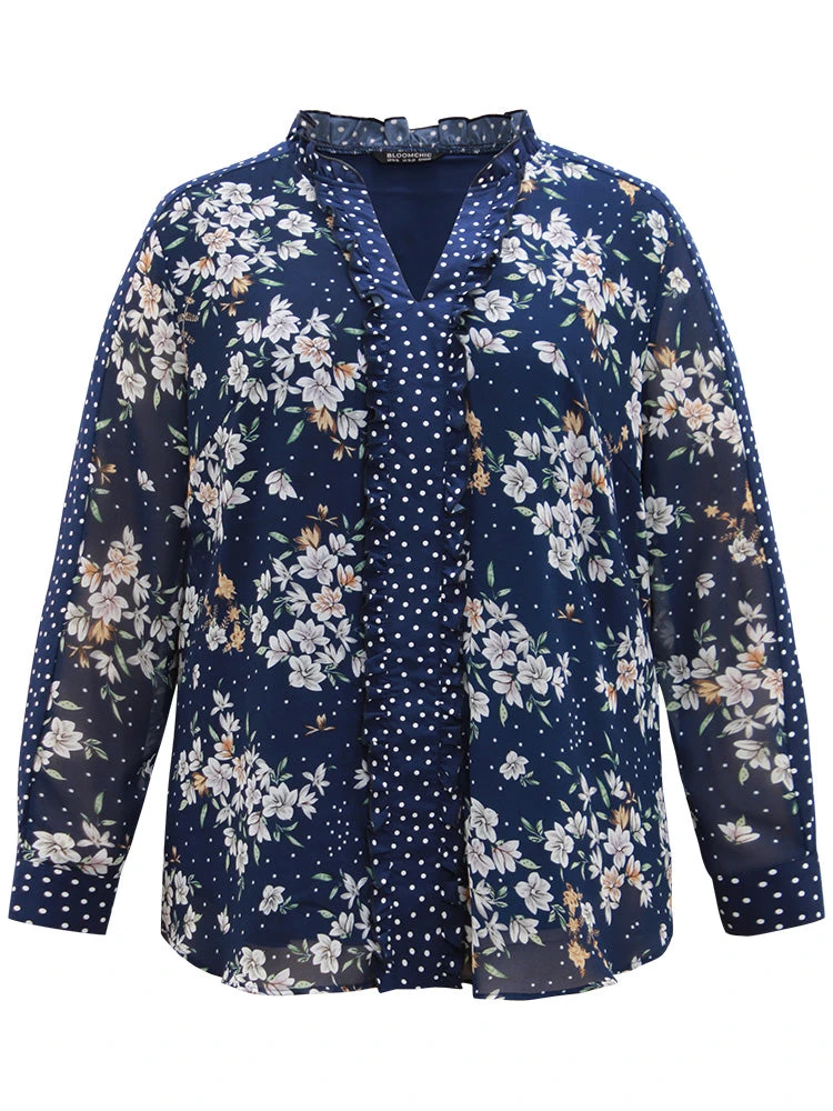 Chiffon Floral Polka Dot Patchwork Frill Trim Mesh Blouse 9 Chiffon Floral Polka Dot Patchwork Frill Trim Mesh Blouse - Image 7