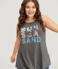 Letter & Coconut Tree Print Crew Neck Graphic Tank Top