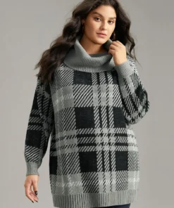 Plaid Turtle Neck Drop Shoulder Pullover -Clothing Shop 640299617 zc