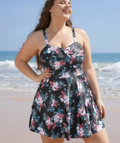 Floral Print Crossover A Line Ruffle Hem Swim Dress -Clothing Shop 642055169 iw
