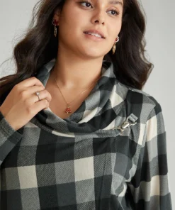 Plaid Cowl Neck Wrap Asymmetrical Hem T-shirt -Clothing Shop 642199998 xk