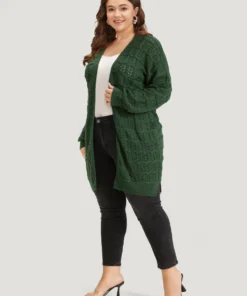 Plain Geometric Eyelet Cable Knit Tunic Cardigan -Clothing Shop 642226951 zh