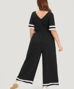 Striped Contrast V Neck Pocket Elastic Waist Jumpsuit 15 Striped Contrast V Neck Pocket Elastic Waist Jumpsuit -Clothing Shop 642823559 rs