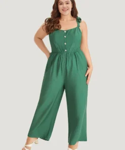 Solid Button Detail Pocket Elastic Waist Knotted Shoulder Jumpsuit -Clothing Shop 64283521 un