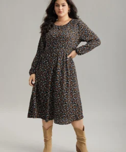 Ditsy Floral Pocket Lantern Sleeve Knee Dress -Clothing Shop 642921742 vc