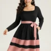 Two Tone Belted Bowknot Square Neck Dress -Clothing Shop 64331443 nq