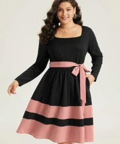Two Tone Belted Bowknot Square Neck Dress
