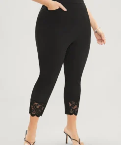 Solid Scalloped Trim Elastic Waist Pocket Lace Hem Pants -Clothing Shop 643331779 sw