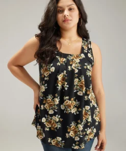 Floral Square Neck Plicated Detail Tank Top