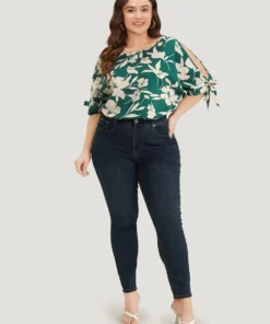 Silhouette Floral Print Knotted Cut Out Round Neck Bodysuit -Clothing Shop 643381801 ny