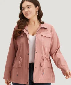 Plain Pocket Button Through Drawstring Zipper Jacket -Clothing Shop 643527702 ti