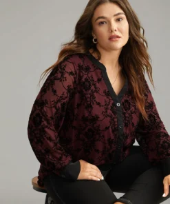 Floral Print Mesh V Neck Blouse -Clothing Shop 644065000 xs