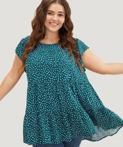 Allover Print Cap Sleeve Ruffle Hem Gathered Blouse