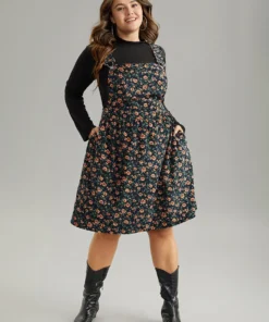 Corduroy Ditsy Floral Pocket Adjustable Straps Dress