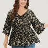 Floral Print Shirred Button Detail V Neck Petal Sleeve Blouse