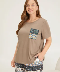 Bandana Print Round Neck Patched Pocket Sleep Top -Clothing Shop 645164575 uj