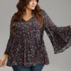 Floral Tie Neck Frill Trim Bell Sleeve Blouse