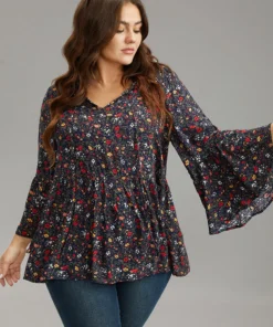 Floral Tie Neck Frill Trim Bell Sleeve Blouse