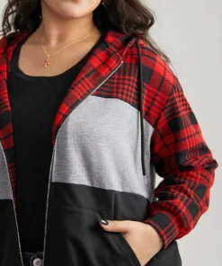 Plaid Contrast Patchwork Drawstring Zipper Jacket -Clothing Shop 645527636 wr