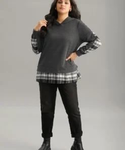 Plaid Hem Patchwork Hooded Sweatshirt -Clothing Shop 645853968 ga