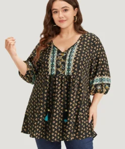 Bandana Print Lantern Sleeve Tassels Tie Neck Blouse -Clothing Shop 646799450 nk