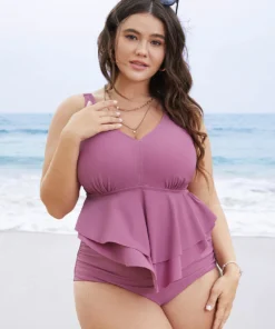 Solid Sculpt Waist Patchwork Ruffle Tiered One Piece Swimsuit