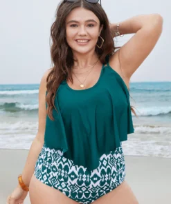 Geometric Patchwork Ruffle Trim One Piece Swimsuit -Clothing Shop 646874607 ft